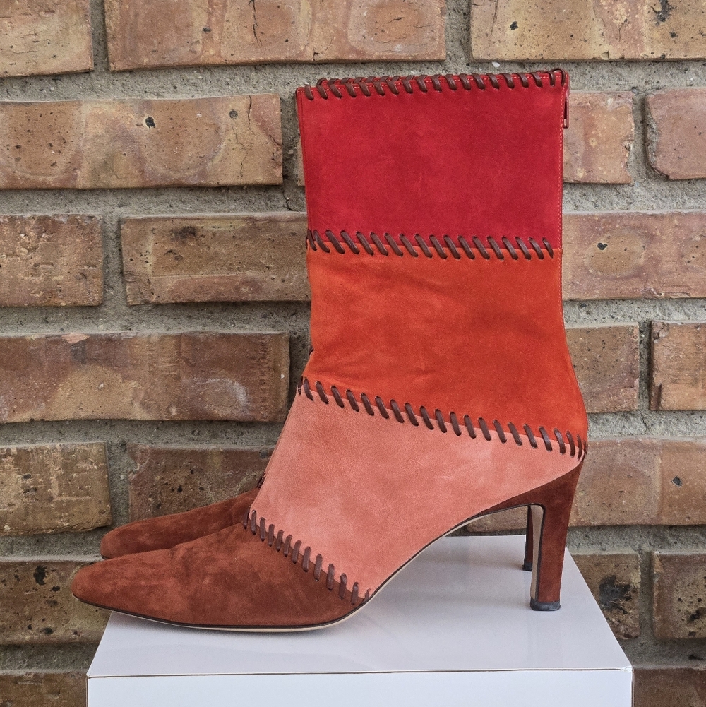 Salvatore Ferragamo Red Orange Pink Colorblock Patchwork Suede Heeled Boots 9